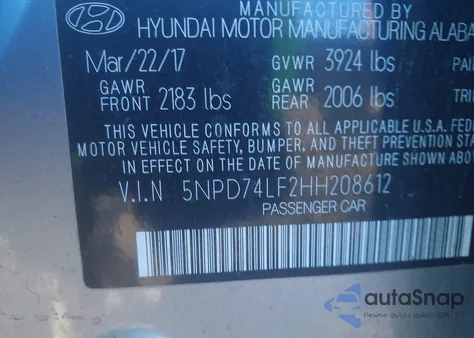 2017 Hyundai Elantra Se из США, поврежденный, VIN 5NPD74LF2HH208612